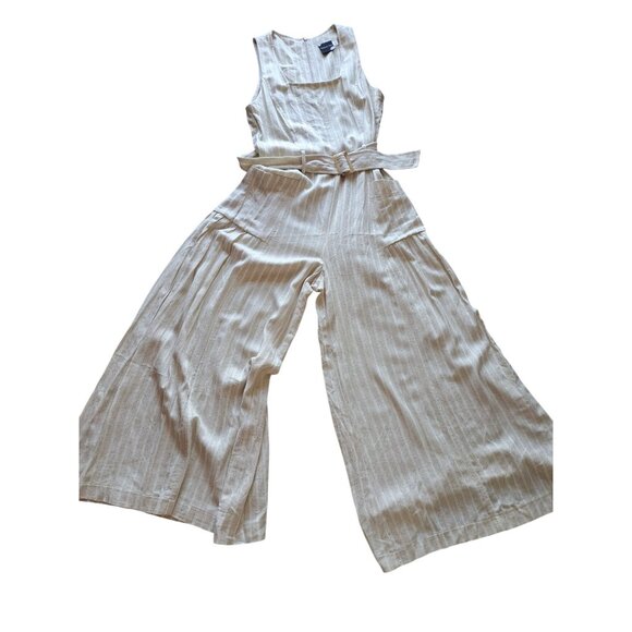 Maison Tara Pants - Maison Tara Beige Wide Leg Linen Bld Jumpsuit Belt Size 8 Sleeveless Striped